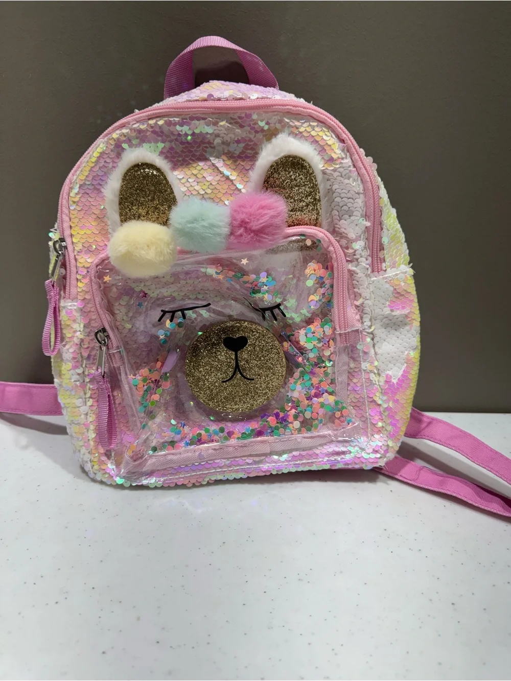 Kids Pink Sequin Bear Mini Backpack